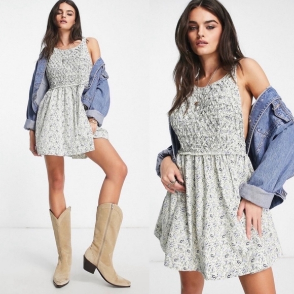 Free People Dresses & Skirts - Free People Petunia Mini Overall Dress, Purple Floral, Size Large, NWT